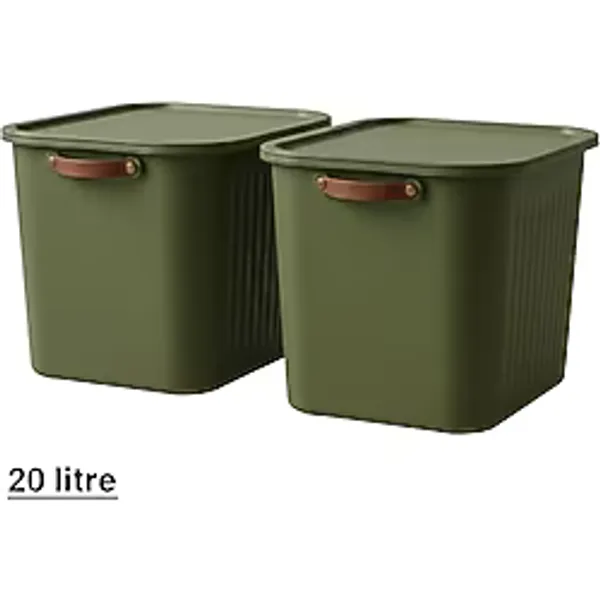 2 Adet Modern Kapaklı Büyük Boy Saklama Kutu Seti -20 Litre - Yeşil- Taşınabilir Kulplu, Dolap İçi Düzenleyici, Çok Amaçlı Organizer Kutu, Oyuncak & Kıyafet Kutusu