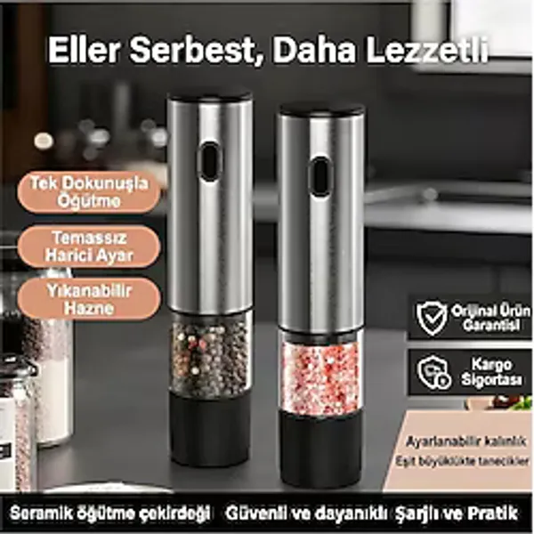 2 Adet Şarjlı Otomatik Baharat Öğütücü Değirmen - 5 Kademe Ayarlı Seramik 2'li Tuz Karabiber Değirmeni Siyah