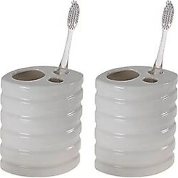2 Adet Seramik Diş Fırçalık Oval Çizgili Model 9x6x11cm Banyo Seti Çok Renkli