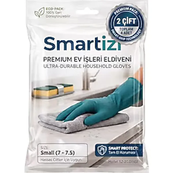 2 Çift Smartizi Bulaşık ve Temizlik Eldiveni (7-7.5 Numara) - Dayanıklı Doğal Kauçuk
