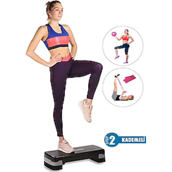 2 Kademeli Kaymaz Taban Step Tahtası + Denge Topu + Pilates Bandı