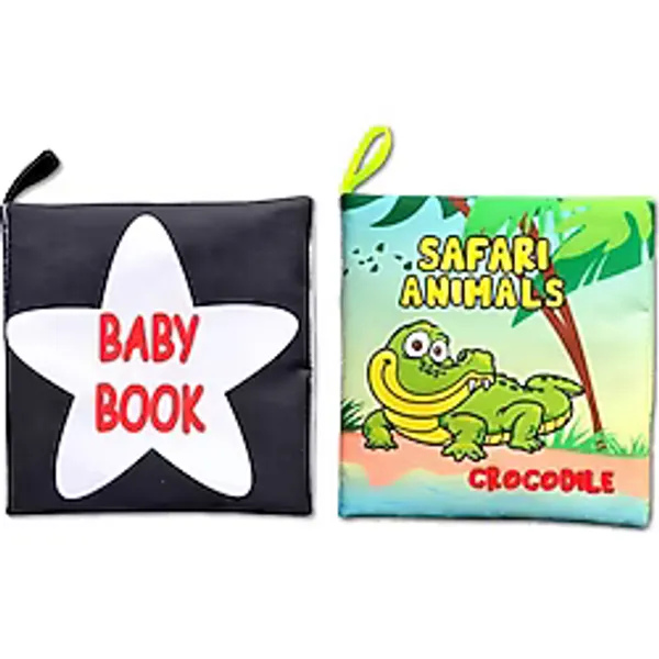 2 Kitap Tox İngilizce Siyah-Beyaz Bebek ve Safari Hayvanları Kumaş Sessiz Kitap E136 E130 - Bez Kitap , Eğitici Oyuncak , Yumuşak ve Hışırtılı
