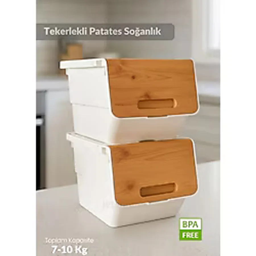 2'li Bambu-Beyaz Tekerlekli Patateslik Soğanlık Oyuncak Kutusu Patates Soğan Sepeti 24 Lt