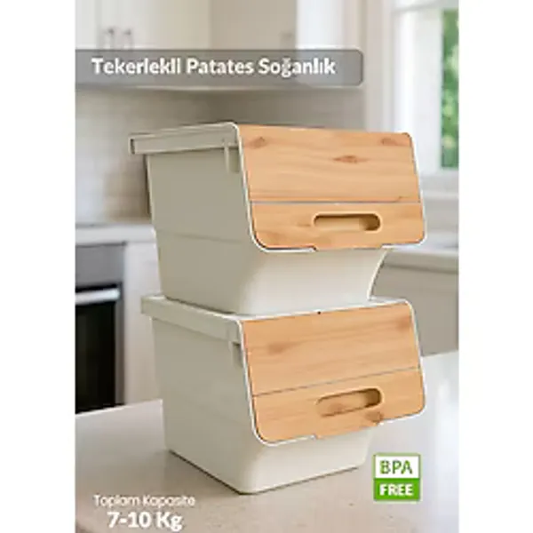 2'li Bambu Patates Soğan Sepeti Tekerlekli Kapaklı Havalandırmalı 24 Litre Sebzelik Organizer