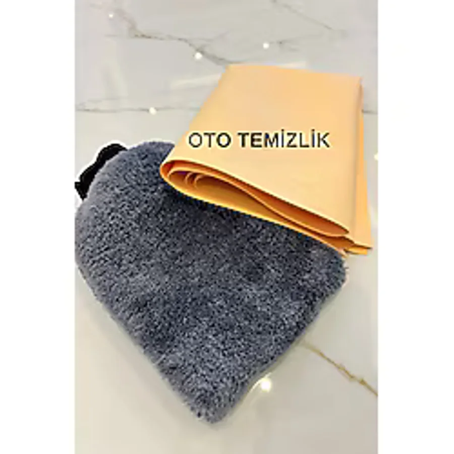 2'li Oto Yıkama Seti: Mikrofiber Araba Yıkama Eldiveni ve Güderi Bez 50x70cm - İz ve Leke Bırakmaz