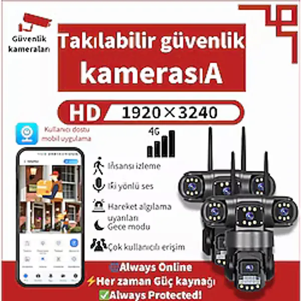 2'li Paket - Sım Kartlı 4g-6mp Üç Lensli Güvenlik Kamerası: Üçlü Ekran, Hd Görüntü, Hareket Algılama ve Takip, 360° Görüş Açısı, IP66 Su Geçirmez, Gece Görüşü, Iki Yönlü Ses, Ses ve Işık Alarmı - Gri