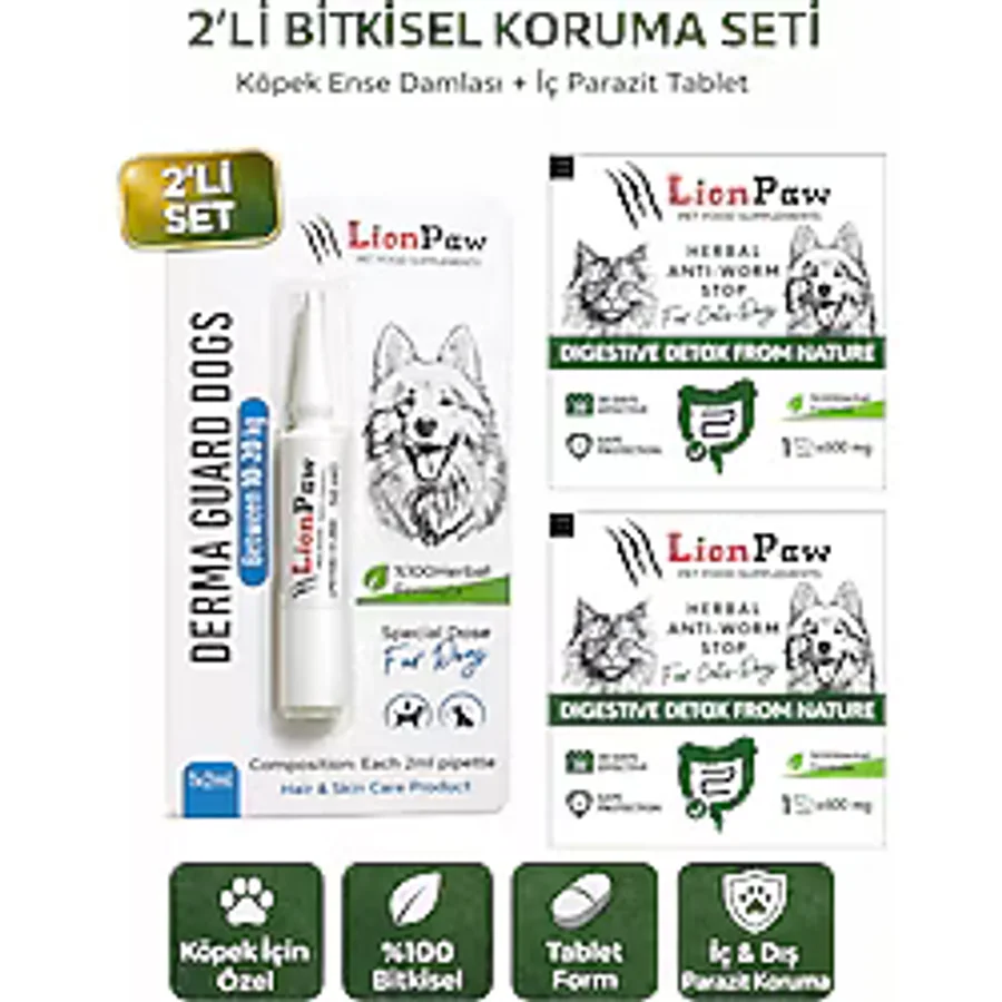 2'li Set Köpek 10-20 Kg İç Dış Parazit Bitkisel 1 Damla Ve 2 Tablet Seti
