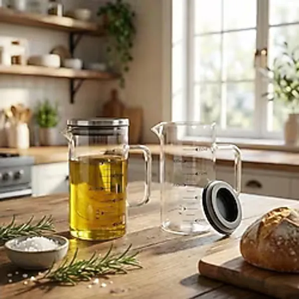 2'li Set Paslanmaz Çelik Kapaklı Borosilikat Cam Yağdanlık ve Ölçü Kabı - 350ML - Isıya Dayanıklı Damlatmaz Sosluk, Sütlük ve Mutfak Hazırlık Sürahisi - Şeffaf Modern Tasarım - Option-1