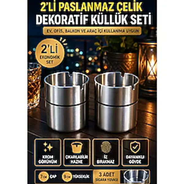 2'Li Set Paslanmaz Çelik Masa Tipi Küllük Dekoratif Krom Küllük Ev Ofis Araç İçi Kullanım 9 Cm