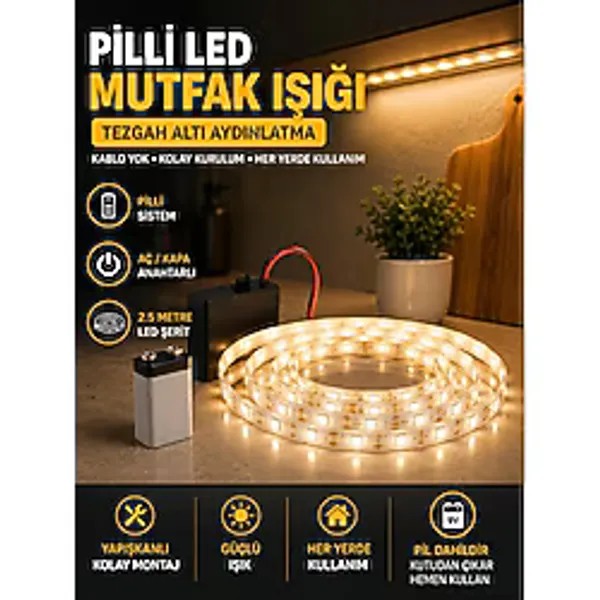 2 Metre Pilli LED Şerit Işık Günışığı 9V Yapışkanlı Mutfak Tezgah Altı Raf Ayna Işığı (Pil Dahil)
