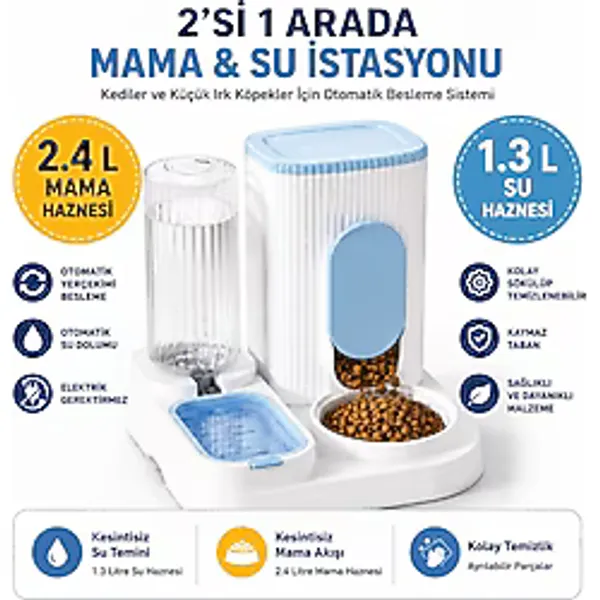 2'si 1 Arada Otomatik Kedi ve Köpek Mama Kabı & Su Sebili 2.4 L Mama Haznesi 1.3 L Su Haznesi