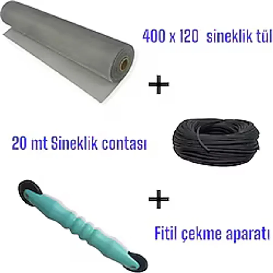 20 mt Siyah Sineklik Contası + Fitil Çekme Aparatı + 400X120 cm Sineklik Tülü - Tam Set"