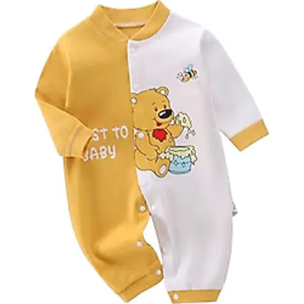 2023 Bebek Onesie Sonbahar Kış Uzun Kollu Penye Pamuklu Karikatür Ayı Dinozor Baskılı Tulum Erkek Kız İç Çamaşırı Bebek Giysileri (sarı, 0-3 month, ayı)