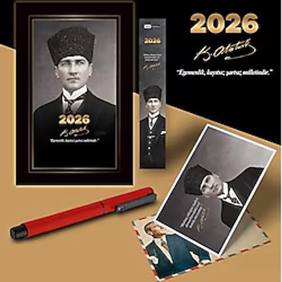 2026 Kalpaklı Atatürk Ajandası Ayraç Kartpostal Kalem - Kırmızı