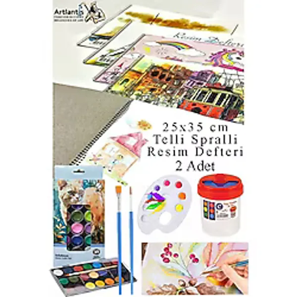 21 Renk Sulu Boya 25X35 cm Telli Spralli Resim Defteri Resim Paleti Resim Fırçası Temizleme Kabı Suluboya Okul Öğrenci - Çok Renkli - Standart - 25x35cm