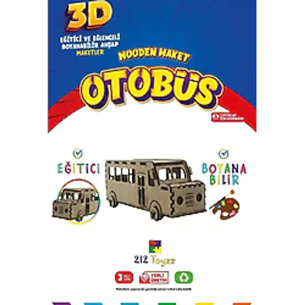 212 Toyzz 212TOYZZ 3D Boyanabilir Ahşap Otobüs Maketi - Çocuklar İçin Eğitici Oyuncak - Naturel Ahşap
