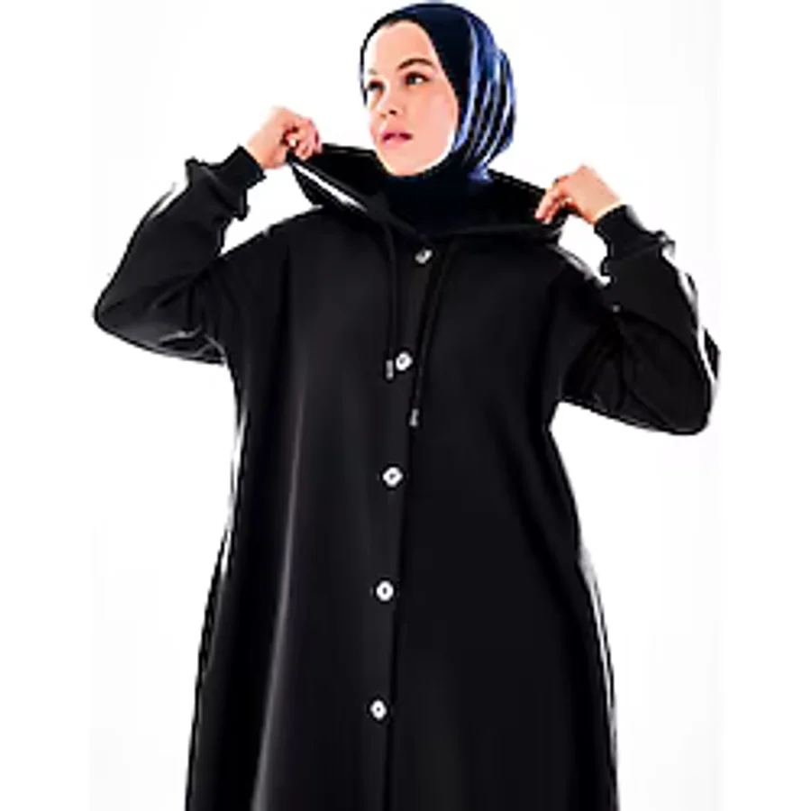 2274_KADIN Antrasit Gri Kapüşonlu Çıtçıtlı 3 Iplik Uzun Kap - Oversize Cepli Mevsimlik Tesettür Dış Giyim - XS