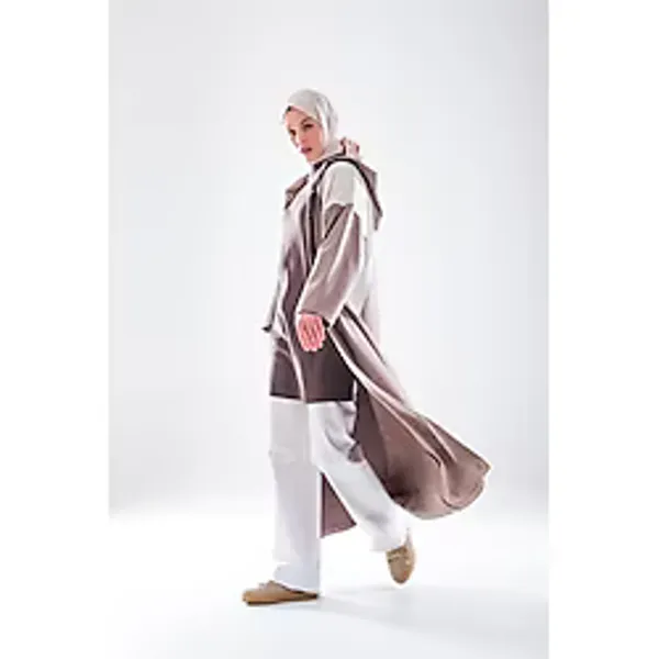 2275_KADIN Spor Oversize Kapüşonlu Çıtçıtlı 3 Iplik Uzun Kap - Mevsimlik Tesettür Pardesü - Vizon - Kahve - L - XL