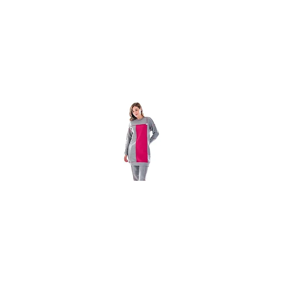 2277_Kadın Tesettür Homewear Eşofman Takım - Bisiklet Yaka Sweat, Dikiş Detaylı, Havuç Fit, FuşyaGri, 00554 Gri Fuşya, 40