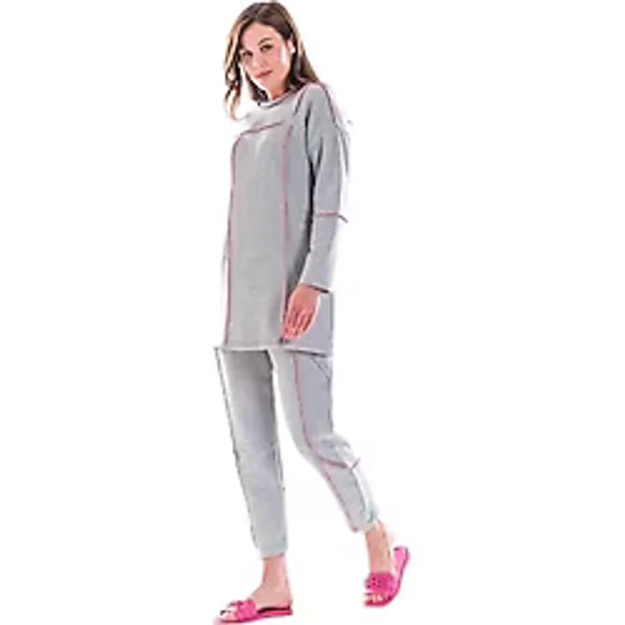 2278_Kadın Tesettür Homewear Eşofman Takımı - Bisiklet Yaka Sweat, Dikiş Detaylı, Havuç Fit Alt, 85 cm Tunik Boy, 00555 Gri Pembe, 42