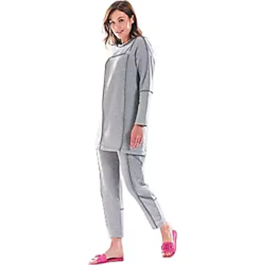 2278_Kadın Tesettür Homewear Eşofman Takımı - Bisiklet Yaka Sweat, Dikiş Detaylı, Havuç Fit Alt, 85 cm Tunik Boy, 00556 Gri Siyah, 42