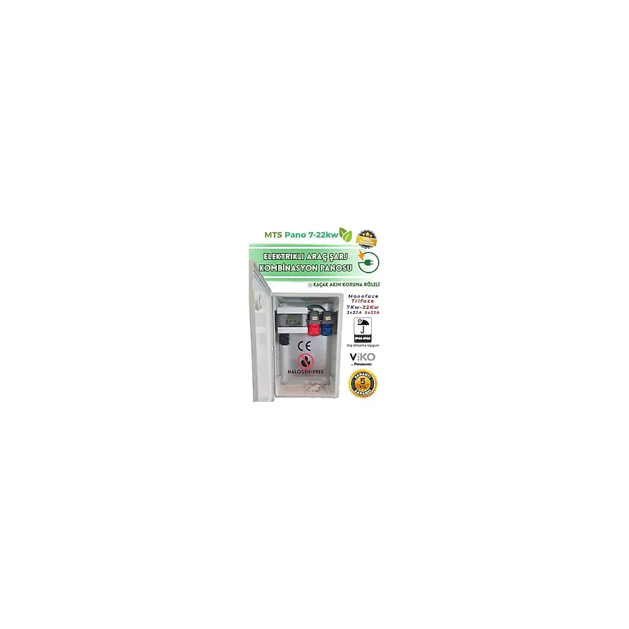 22KW 5/32 + 7kw 3/32 Trifaze + Monofaze V'ko Kaçak Akım Roleli İP66 Halogen Free ABS Elektrikli Araç Şarj Cihazı Istasyonu Kombinasyon Kutusu Panosu Tesla Mavi Adaptör Uyumlu Kaçak Akım Roleli