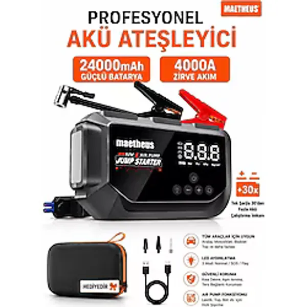 24000 Mah 4İn1 Akü Takviye Cihazı 150 Psı Kompresör Lastik Şişirme Powerbank Eva Çanta 4000A Tepe Akım
