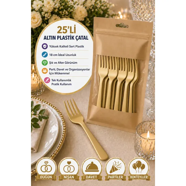 25'Li Altın Plastik Çatal 18 Cm Sert Tek Kullanımlık
