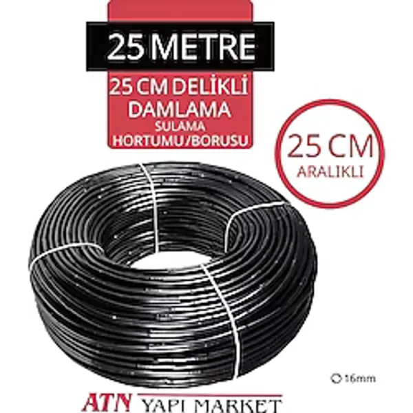 25 Metre 16MM Damlama Sulama Hortumu - 25 cm Aralıklı Delikli - Bahçe Tarla Sera Sulama Borusu