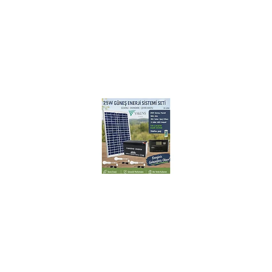 25W Güneş Enerji Sistemi Seti - 9Ah Akü + 10A Şarj Kontrol Cihazı + 3 LED Ampul Telefon Şarjlı Taşınabilir Solar Aydınlatma Paketi