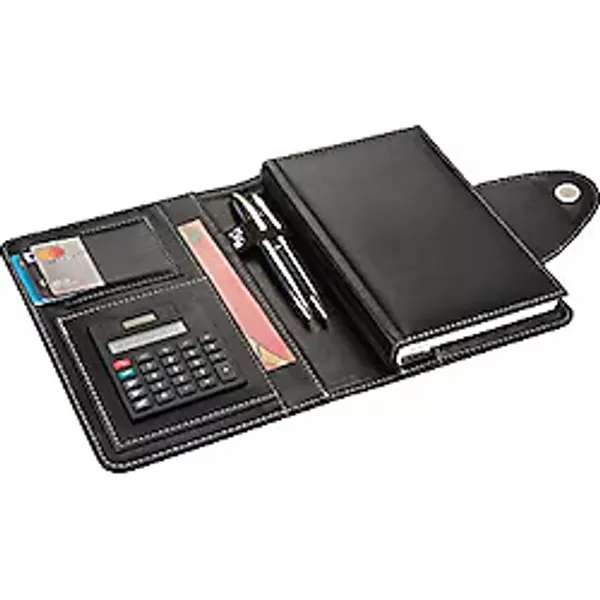 2K 4683 Ajanda Tarihsiz Kareli 14X20 cm Ajanda/Defter Hesap Makineli Suni Deri Organizer, Siyah