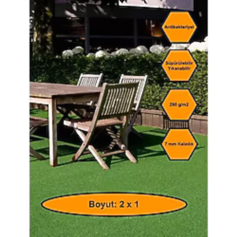 2x1 Metre Yapay Çim Halı, Lastik Taban, Yeşil Suni Halı, 7 mm Kalınlığında
