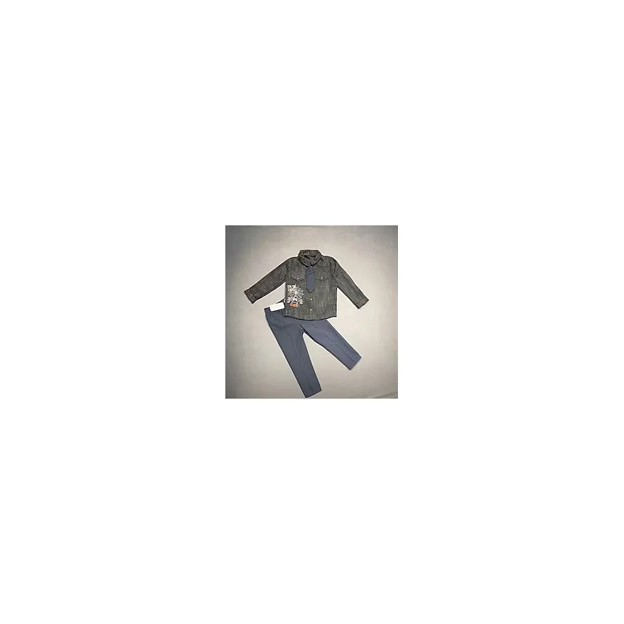 3-4-5 Yaş Kravatlı Keten Gömlek Gabardin Pantolon Uzun Kollu 3lü Erkek Çocuk Takımı Füme