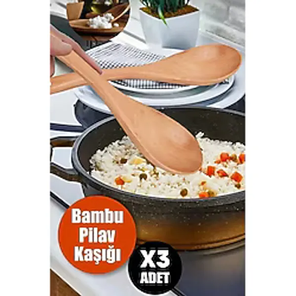 3 Adet Ahşap Büyük Boy Pilav Kaşığı Servis Kaşığı 28 Cm, Yanmaz Yapışmaz Tencere Tava Çizmez