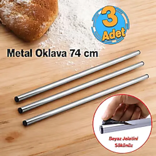 (3 Adet) Alüminyum Metal Oklava Tekli 74 Cm Mutfak Börek Hamur Un Yufka Açma Silindir Yuvarlak Krom