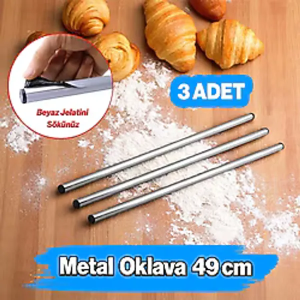 (3 Adet) Alüminyum Silindir Yuvarlak Metal Oklava 49 Cm Mutfak Börek Hamur Un Yufka Açma Krom Renk