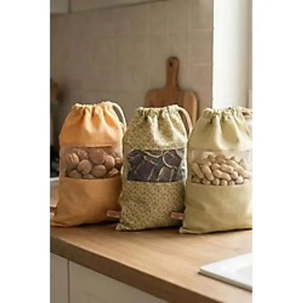 3 Adet Bakliyat Kesesi Büyük Boy 24X34 Erzak Kuru Gıda Saklama Kabı Torbası Fileli Bez Bohem-Set 104 - Çok Renkli - Standart