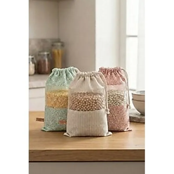 3 Adet Bakliyat Kesesi Orta Boy 20X28 cm Erzak Kuru Gıda Saklama Kabı Torbası Bez Soft-Set
