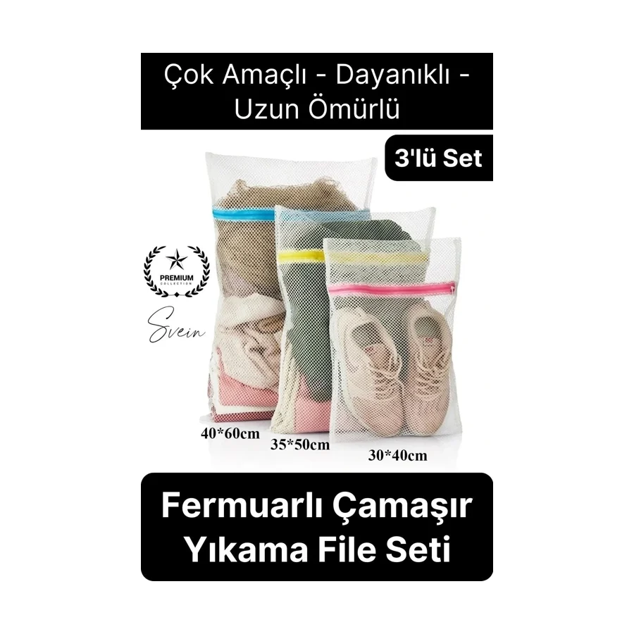 3 Adet Farklı Boy Çamaşır Yıkama Filesi Torba Seti Renkli Fermuarlı Kirli Temiz Sütyen İç Çamaşırı