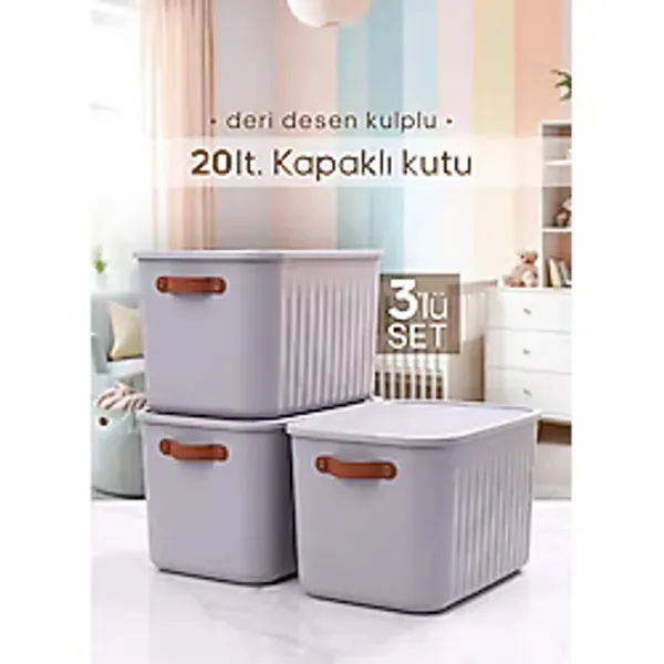 3 Adet Kulplu Gri Dolap Düzenleyici 20 Lt Kapaklı Saklama Kutusu Sepet Oyuncak Kutusu Organizer