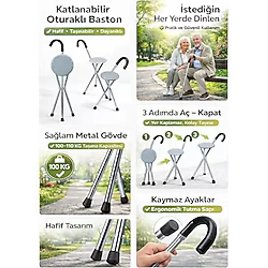 3 Ayaklı İthal Alüminyum Oturaklı Baston Sandalye Namaz ve Camii Baston Sandalyesi Katlanabilir, renkli Tek Ebat