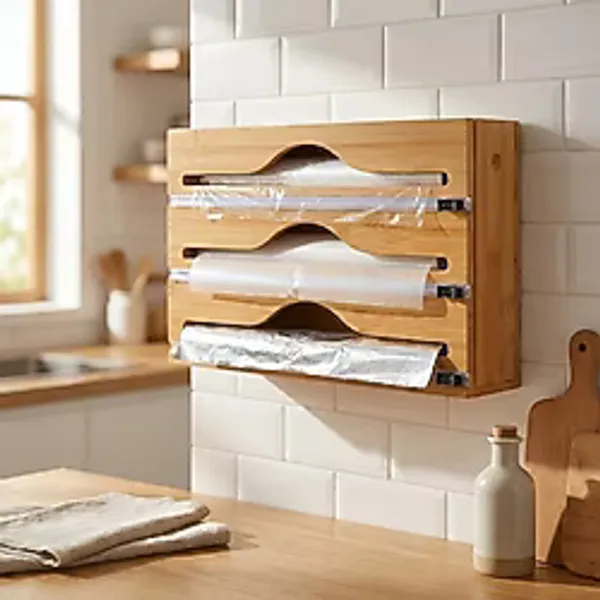 3 Bölmeli Doğal Bambu Folyoluk ve Streç Film Kesici Organizer - Sürgülü Bıçaklı Çekmece Içi Düzenleyici Pişirme Kağıdı ve Alüminyum Folyo Standı Mutfak Organizeri (35,5 x 22 x 7 Cm) - Ahşap