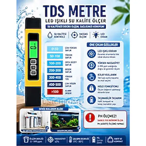 3 In 1 Termometreli Tds Metre Led Işıklı Su Kalite Sertlik Iletkenlik Ölçer Arıtma Cihazı Uygun-Saa187