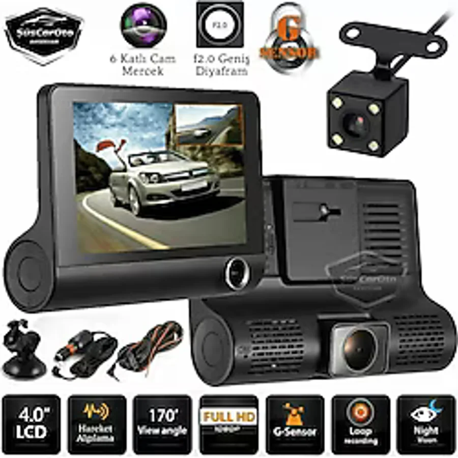 3 Kameralı Kayıt Cihazı İç Ön Arka Geri Görüş Kameralı 4.0" 1080p Full Hd Kayıt Çarpışma Algılayıcı Sensörlü Gece Görüşlü Park Sensörü Sesli Yol Kayıt 00 Şüscaroto Aksesuar