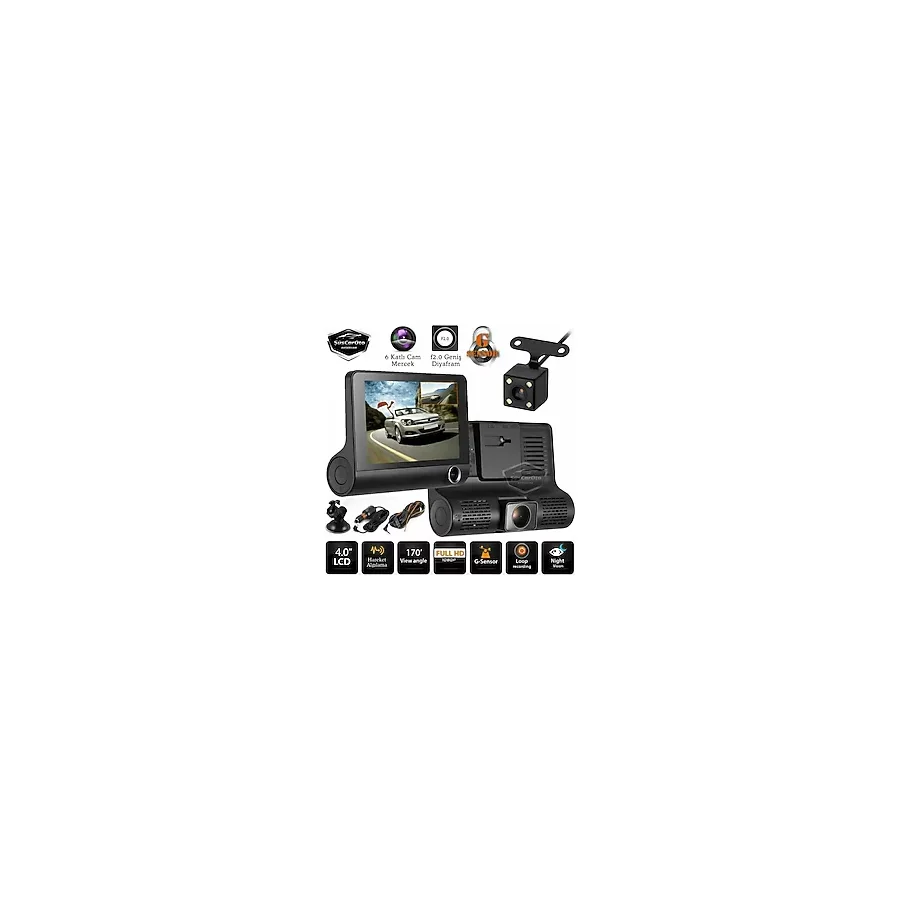 3 Kameralı Kayıt Cihazı İç Ön Arka Geri Görüş Kameralı Monitör 4.0" 1080P Full Hd Kayıt Çarpışma Algılayıcı Sensörlü Gece Görüşlü Park Sensörü Sesli Yol Kayıt