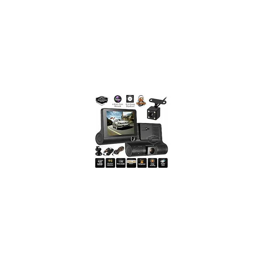 3 Kameralı Kayıt Cihazı Iç Ön Arka Geri Görüş Kameralı Monitör 4.0" 1080P Full Hd Kayıt Çarpışma Algılayıcı Sensörlü Gece Görüşlü Park Sensörü Sesli Yol Kayıt ONP226