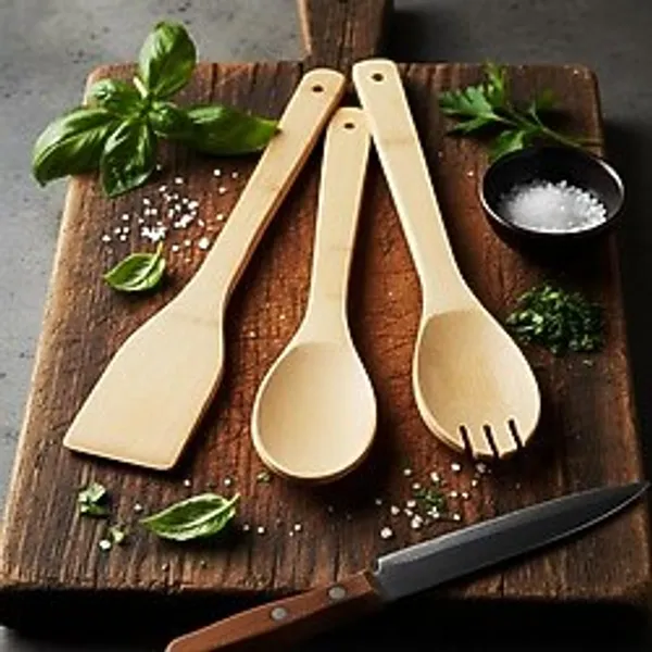 3'lü Bambu Mutfak Gereç Seti - Doğal Ahşap Spatula, Kaşık ve Servis Çatalı Yapışmaz Te - Çok Renkli