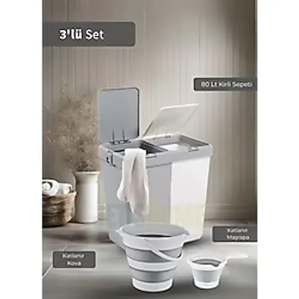 3'lü Banyo Seti Çamaşır Sepeti Katlanır Kova Katlanır Maşrapa BPA Free