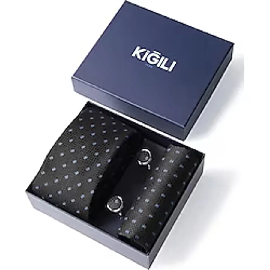 3'lü Desenli Kravat & Mendil & Kol Düğmesi Hediye Kutulu Set