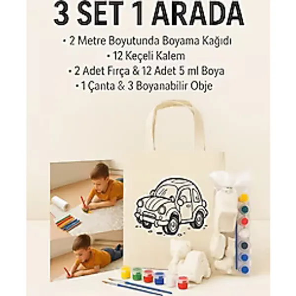 3'lü Eğlenceli Boyama Seti - 2 Metre Rulo Boyama Kağıdı + Bez Çanta+ Boyanabilir Obje Seti